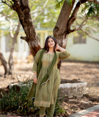 Beautiful olive green color nyra cut suit set with chiffon dupatta
