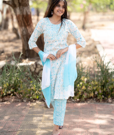 Blue and white beautiful cotton suit set with georgette dupatta